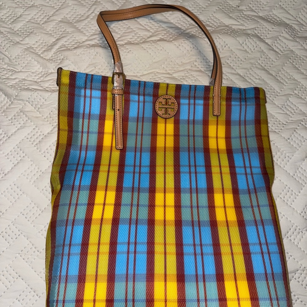 Tory Burch Blue and Yellow Mesh Plaid Tote Bag